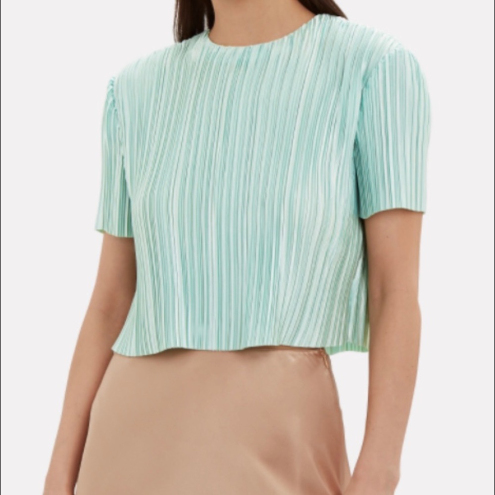 TIBI Pleated Crop Top in mint green/blue. Perfect to match with high rise jeans!